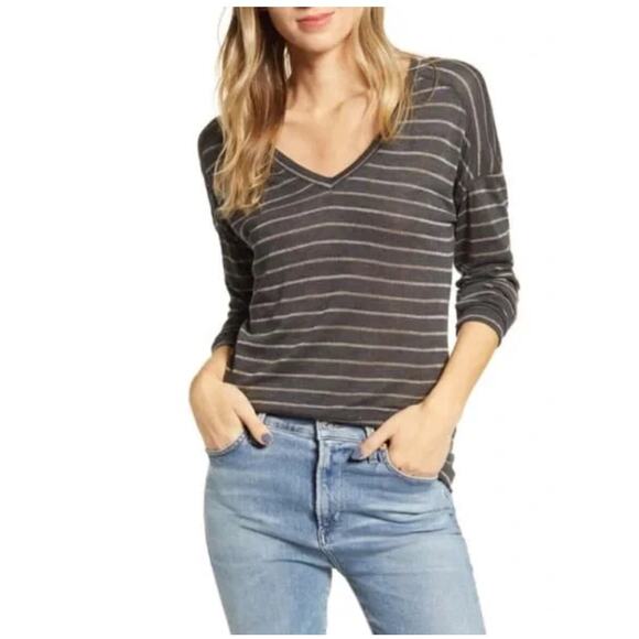 Rails Sami Drop Shoulder V Neck Long Sleeve Tee Charcoal Gray Stripe S - Picture 1 of 11